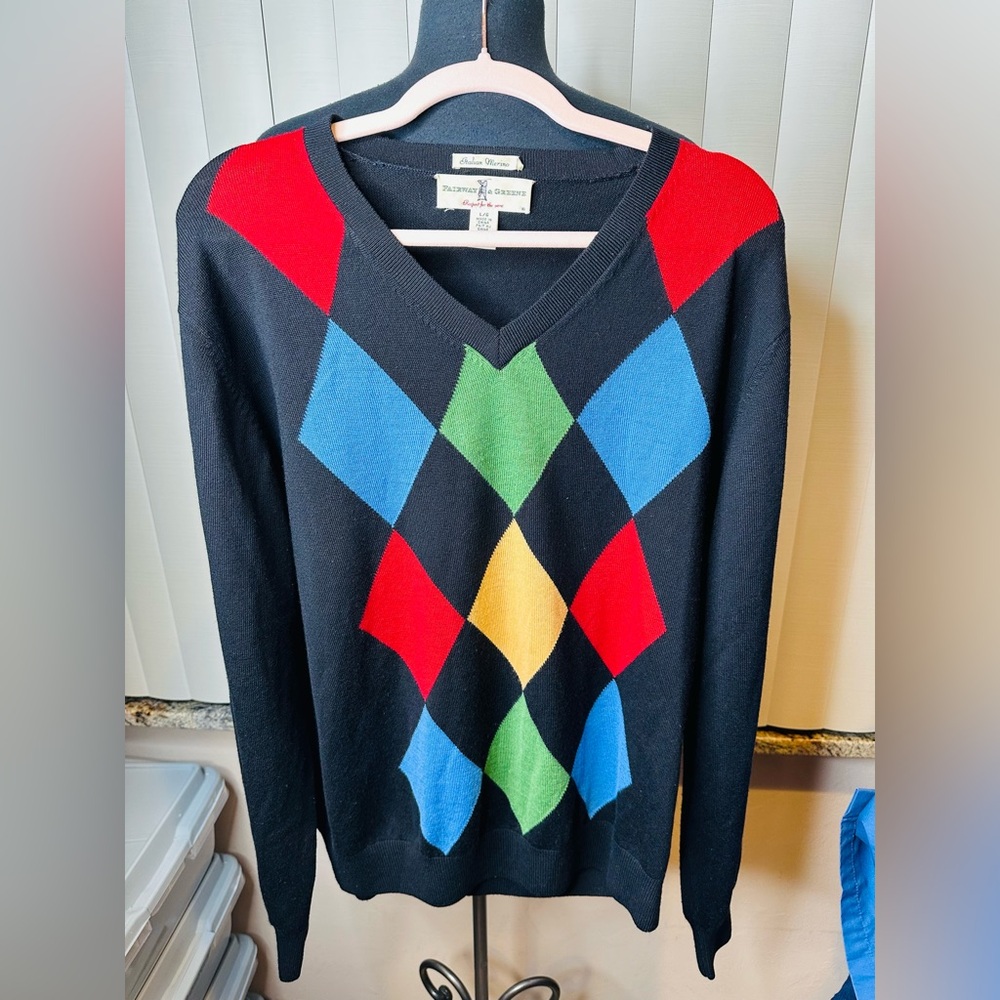 Fairway & Greene Mens Black Argyle Sweater Multi 100% Merino Wool Preppy SZ L